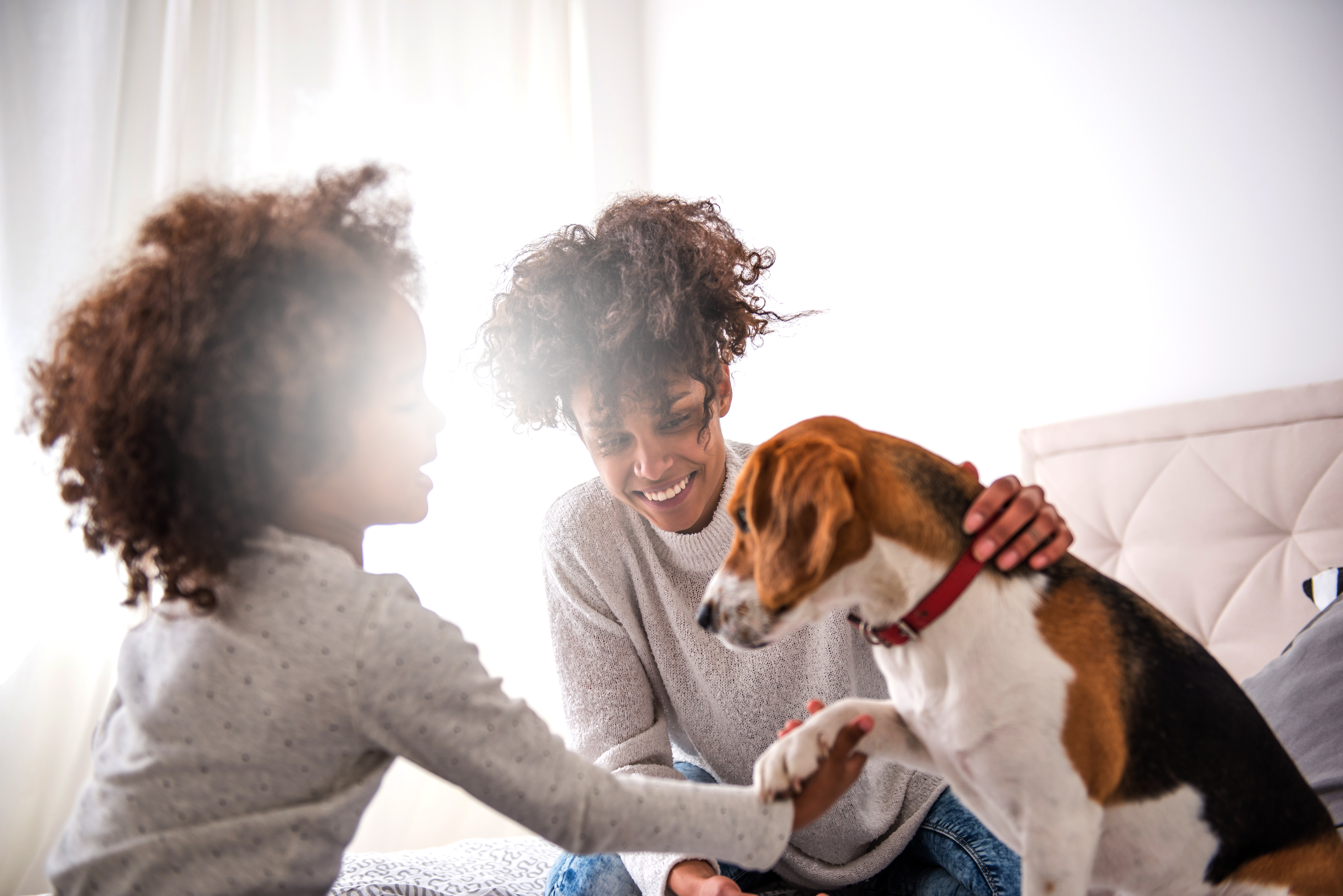 Mom and Daughter Petting Dog