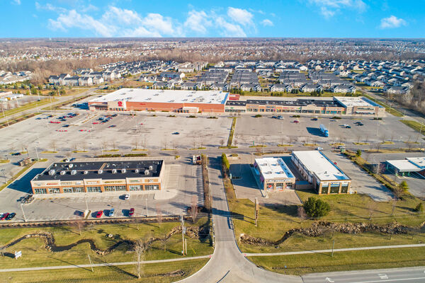 Aerial shot of String Town Road shopping plaza in Reynoldsburg, Ohio