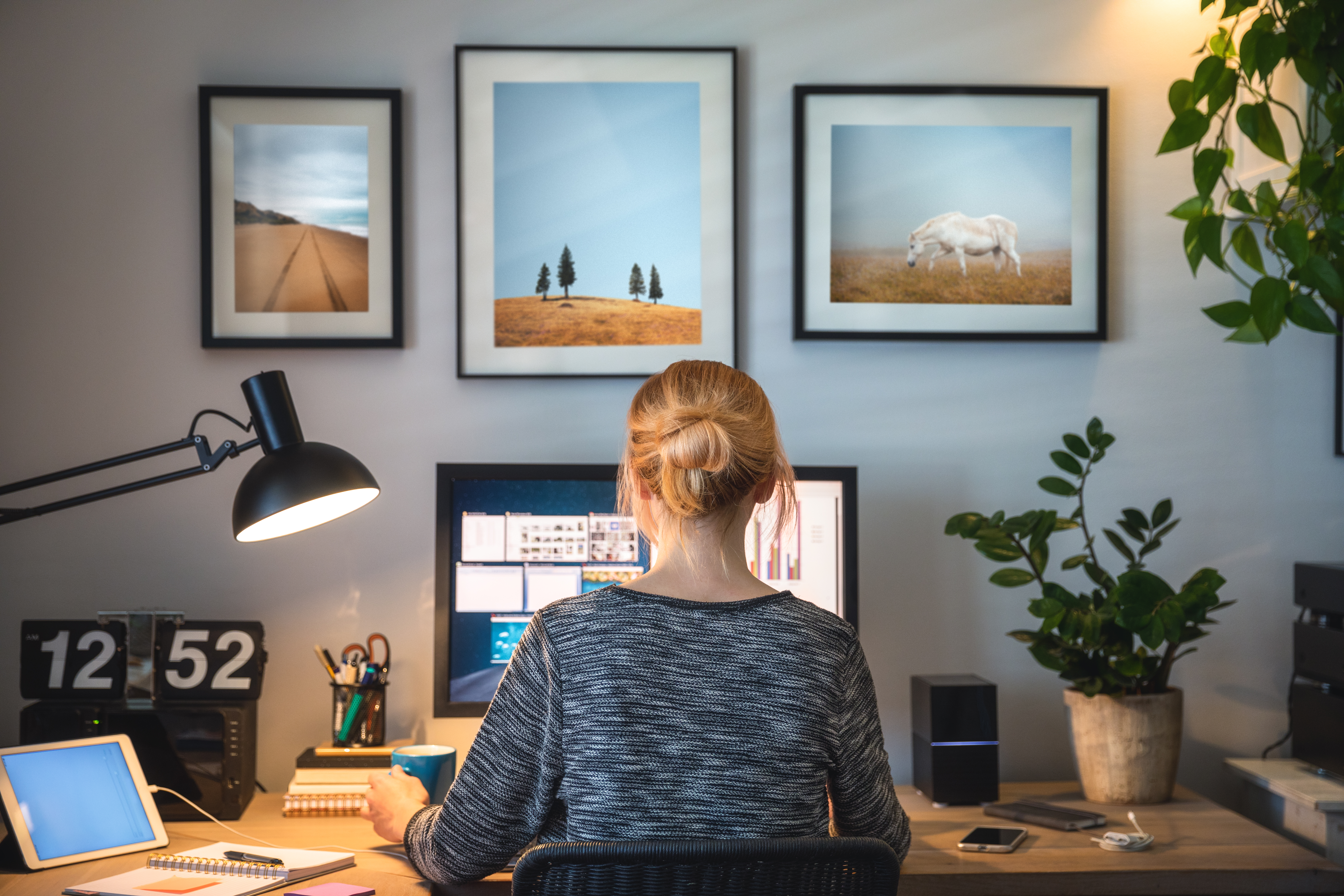 Person Sitting at Desk Working on Computer