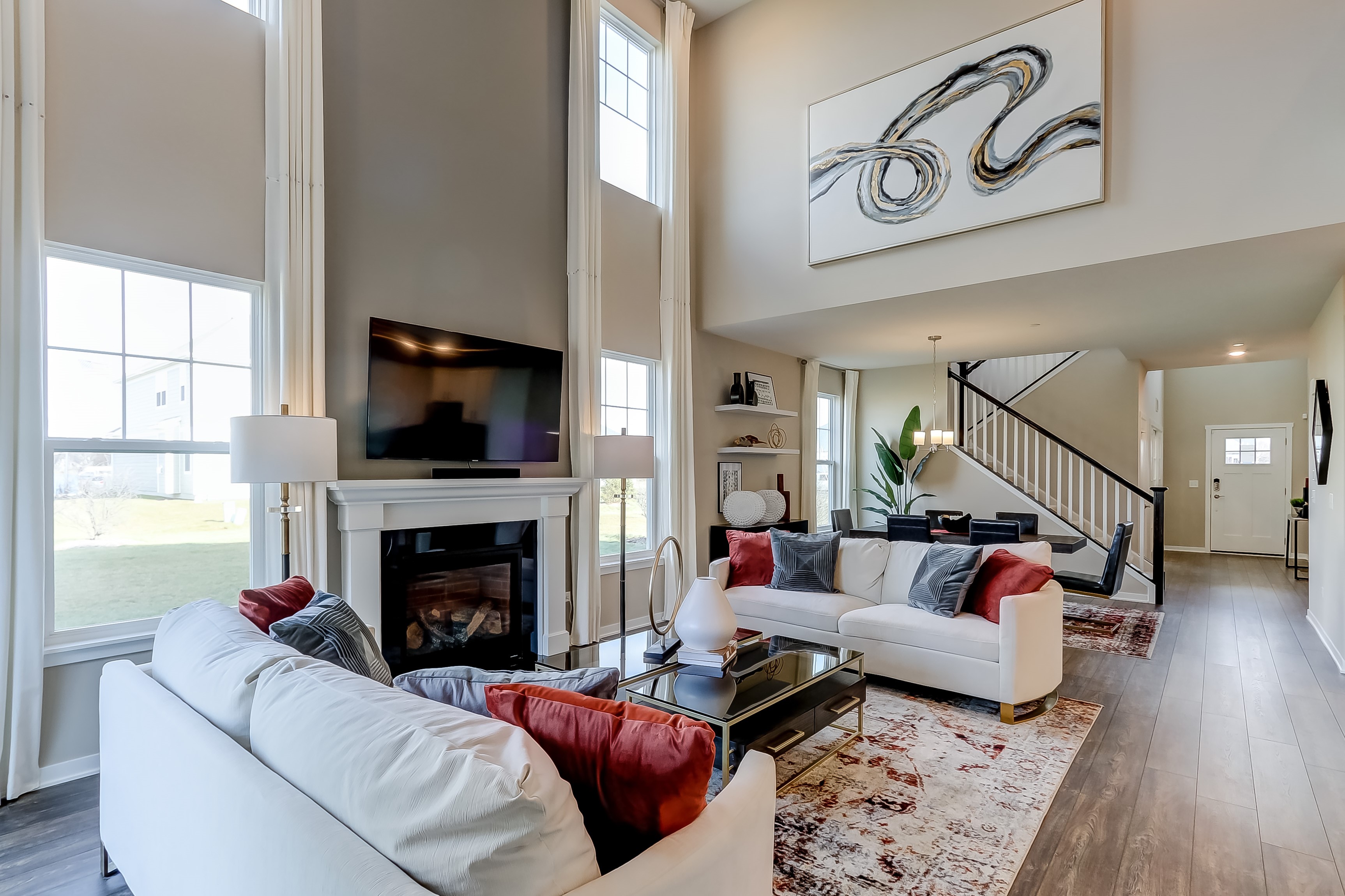 Great Room With Red Velvet Throw Pillows