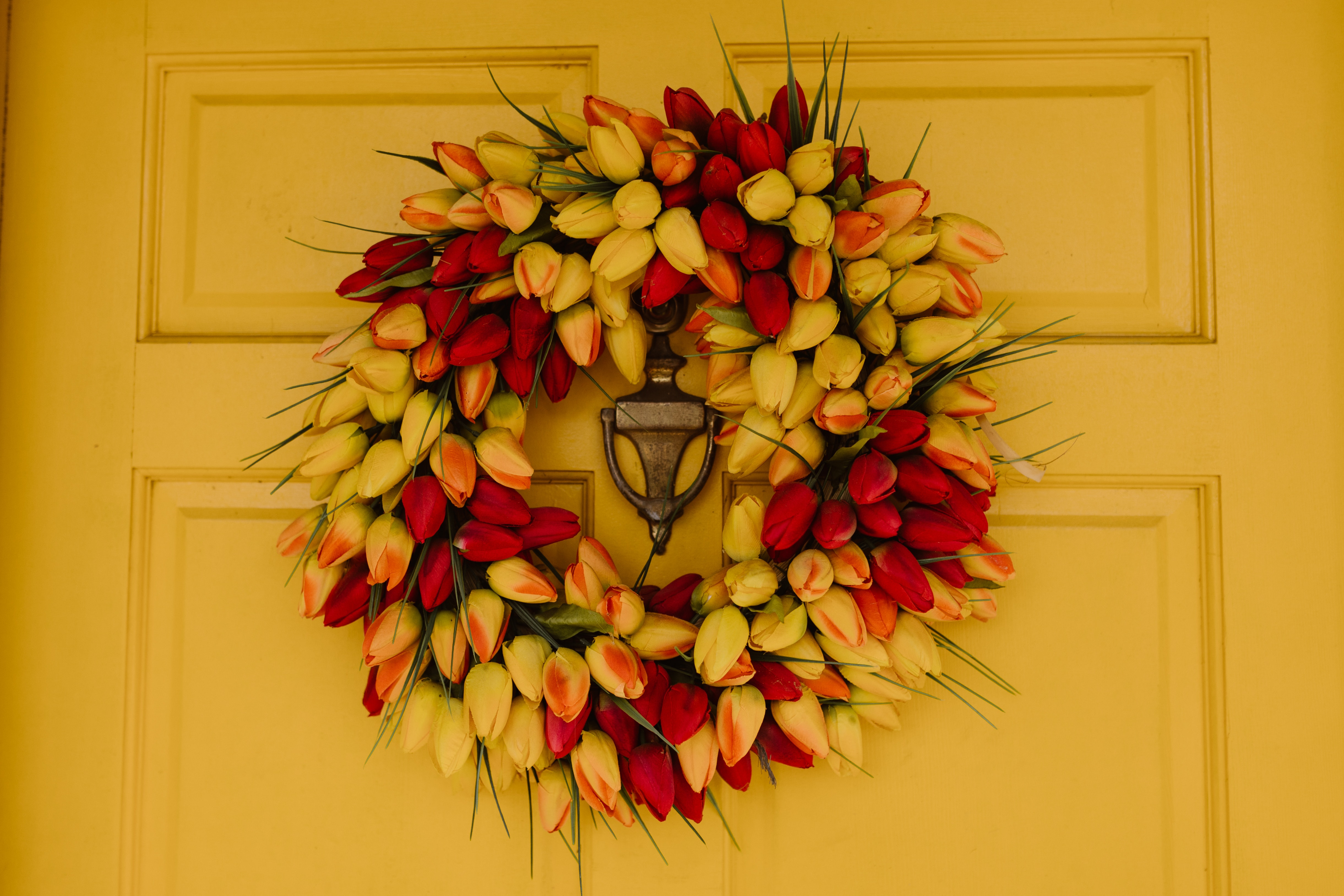 Yellow Door With Tulip Spring Wreath