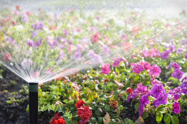 Photo of a sprinkler head in a flower garden