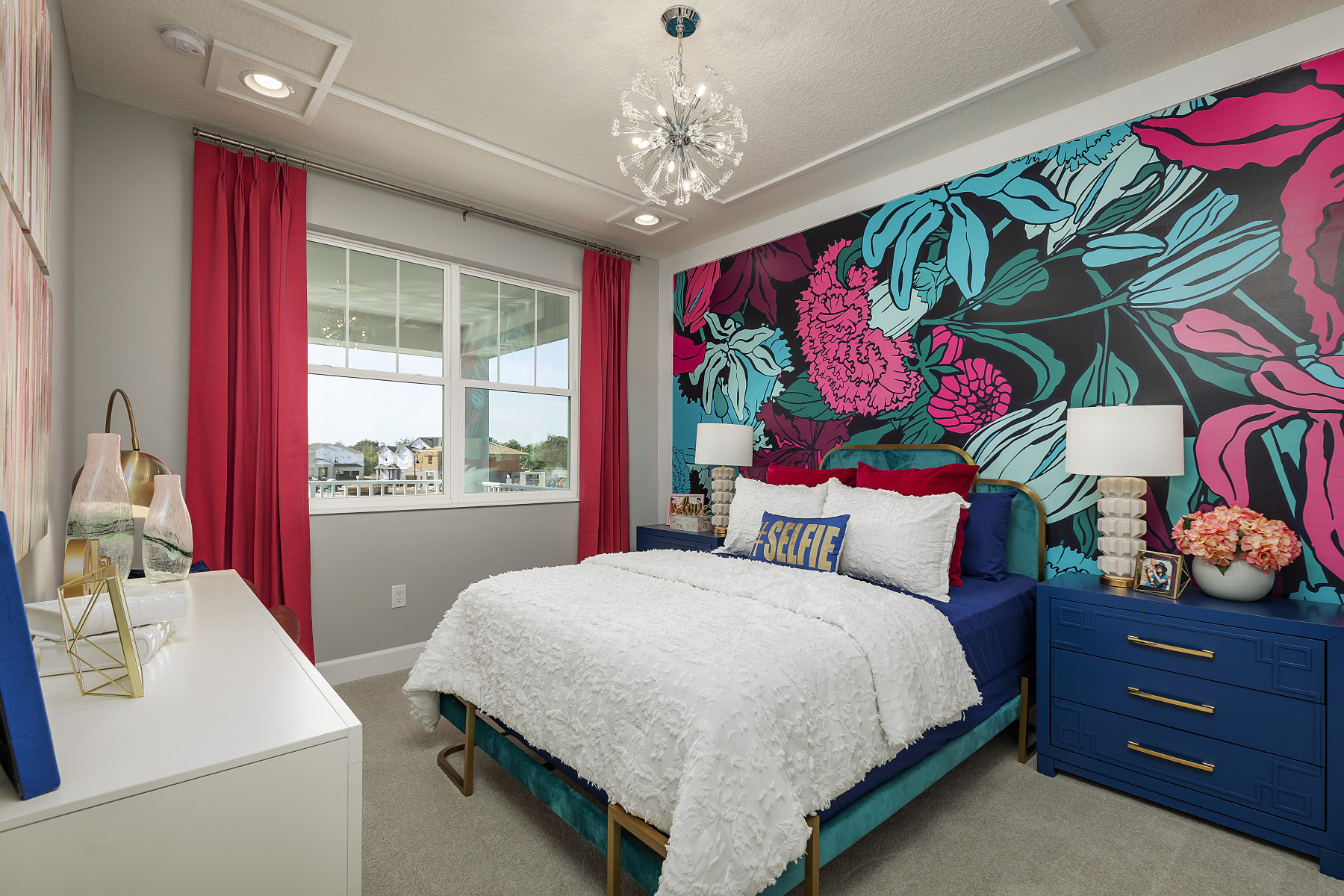 Bedroom With Bright Colors and Tropical Wallpaper