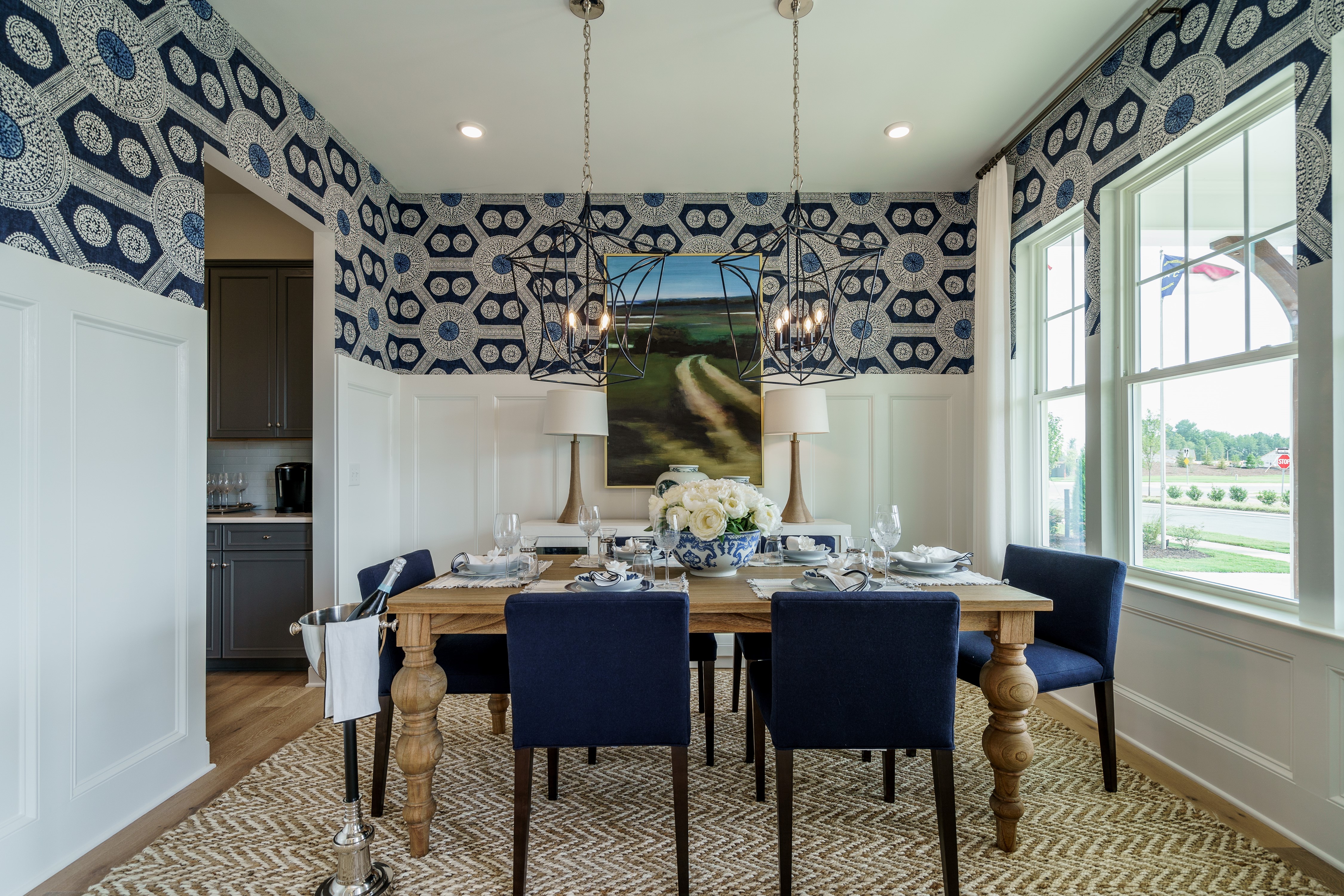 Blue Patterned Wallpaper in Dining Room
