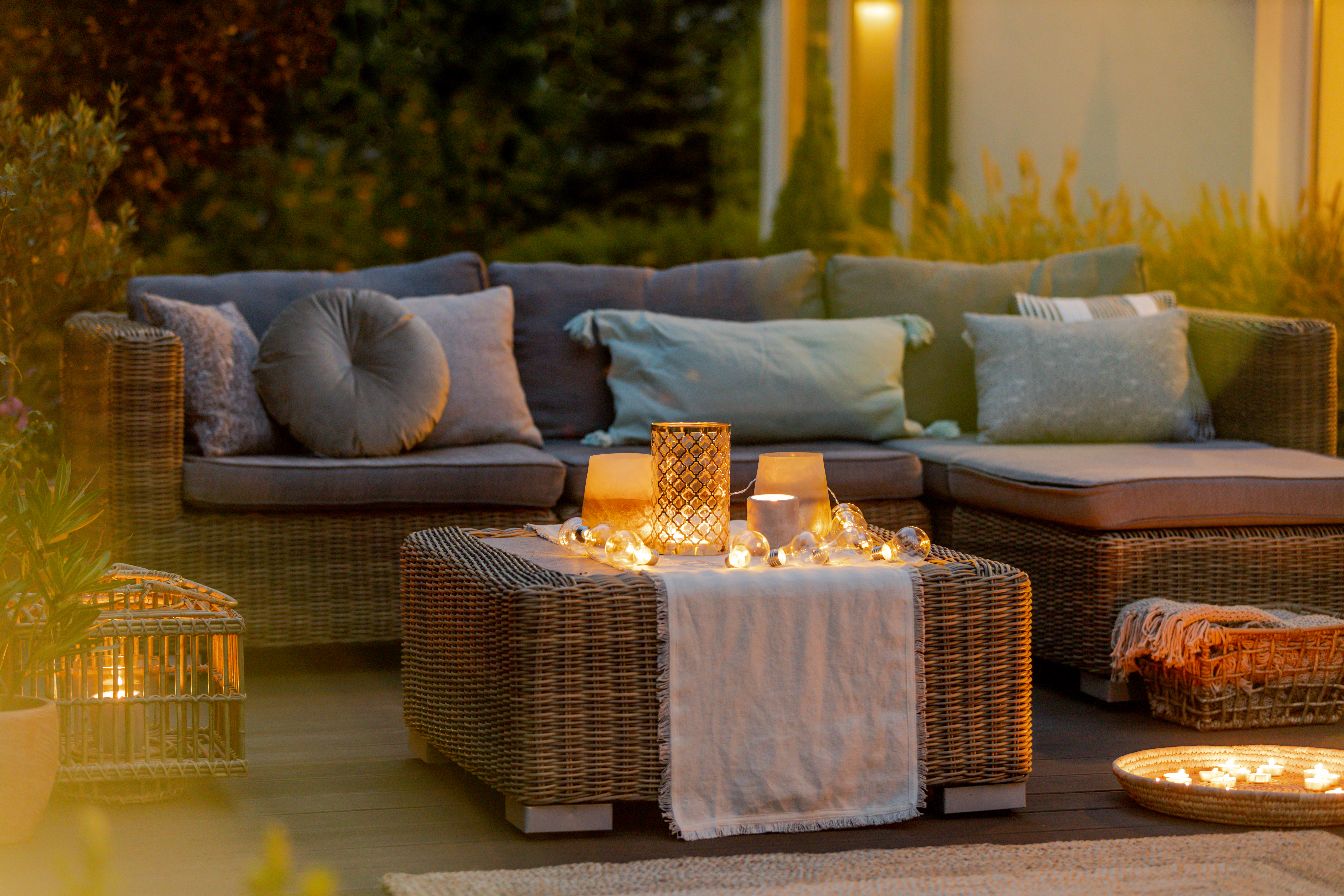 Patio With Furniture, Candles and Outdoor Lighting