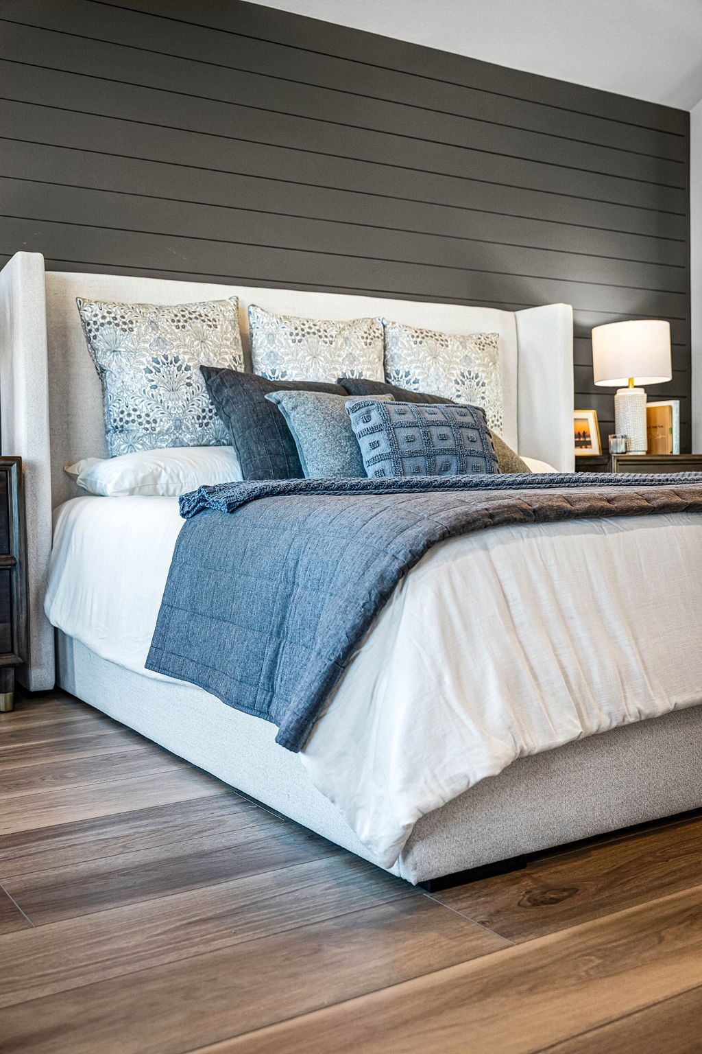 Primary bedroom in the model home located in Carillon at 13305 Eppright Trace Blvd., Manor, TX 