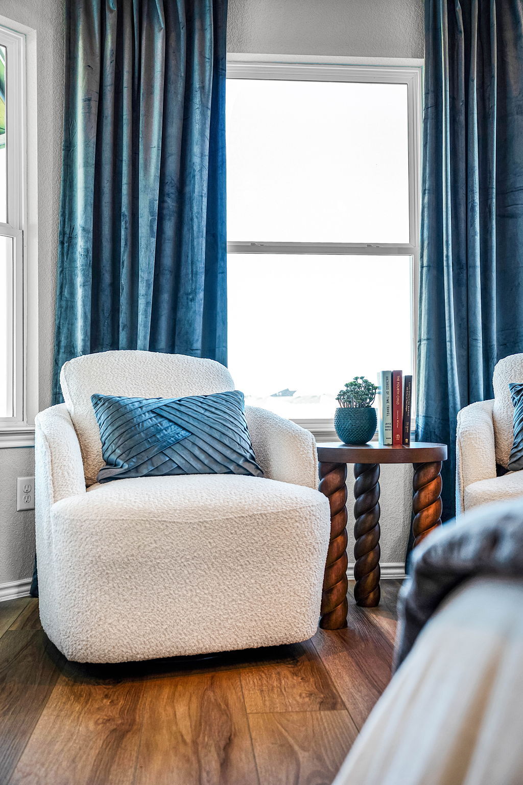Primary bedroom in the model home located in Carillon at 13305 Eppright Trace Blvd., Manor, TX 