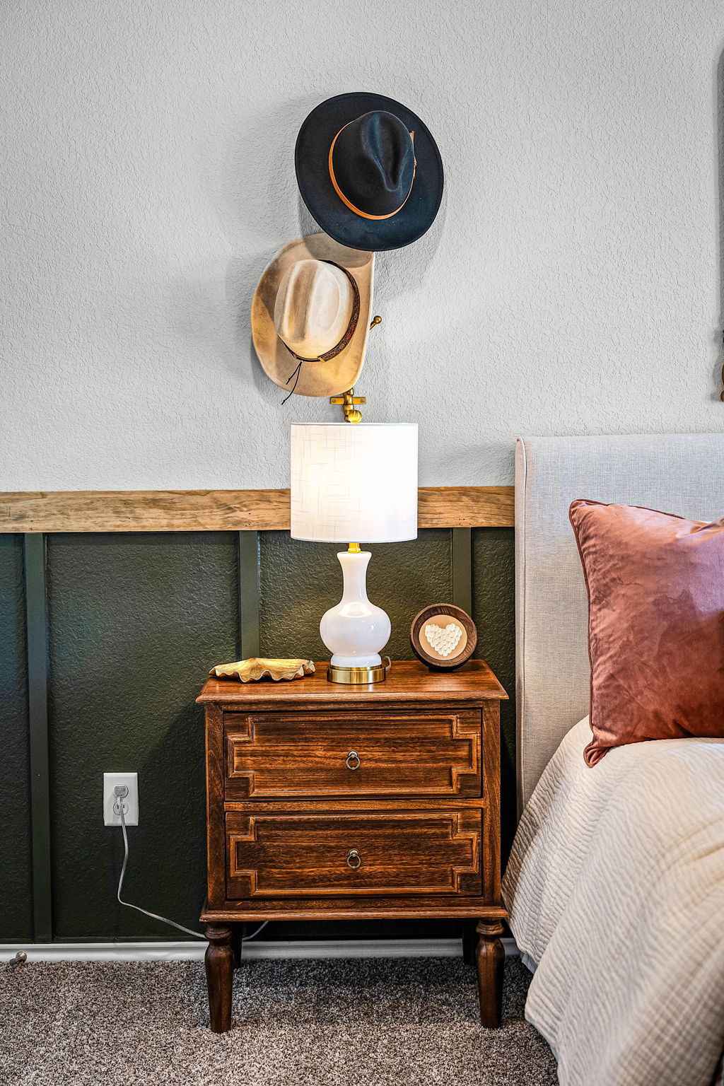 Primary bedroom in the model home located in Carillon at 13305 Eppright Trace Blvd., Manor, TX 