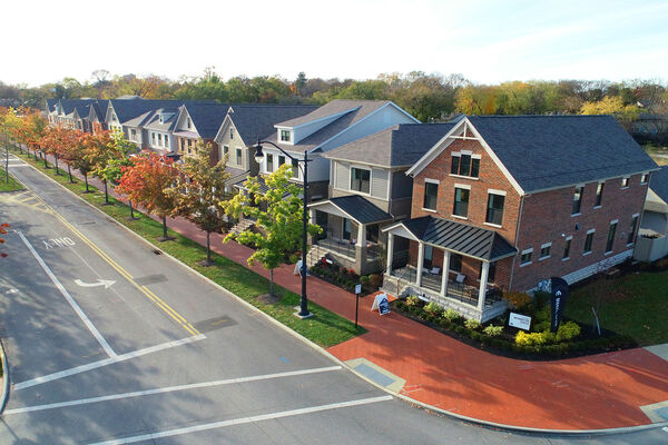 Aerial shot of a streetscape of townhomes in Grandview Heights, Ohio