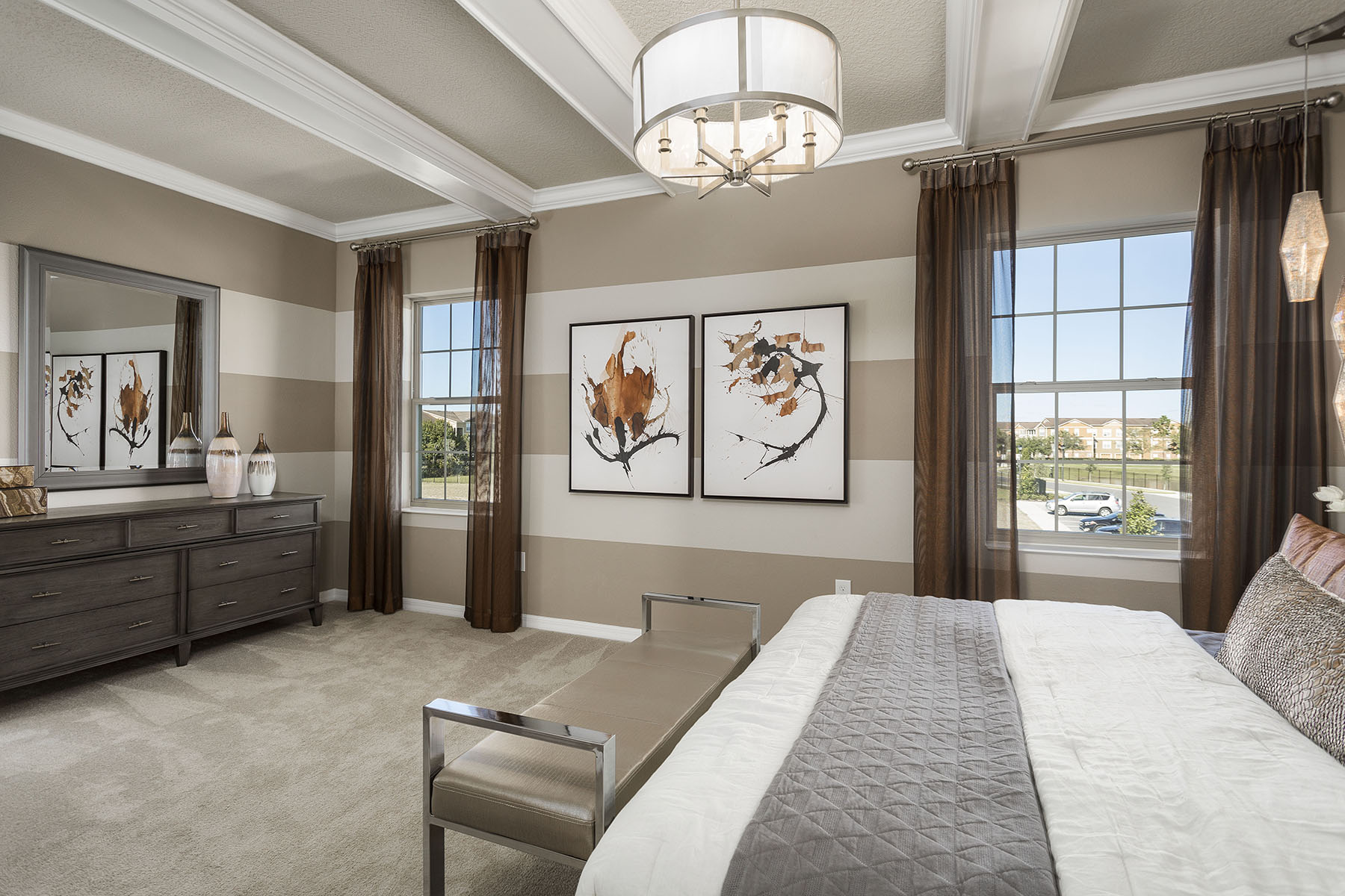 Bedroom With Coffee and White Striped Painted Walls