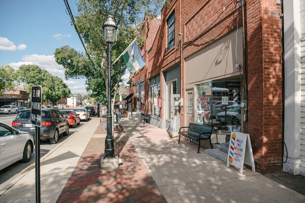 Shot of the storefronts in Downtown Grove City, Ohio