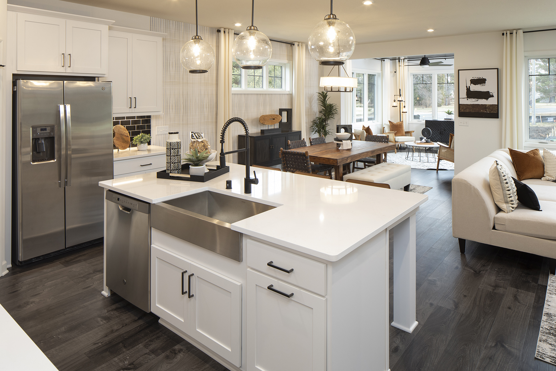 Kitchen and Open-Concept Living Area With Autumn Colors