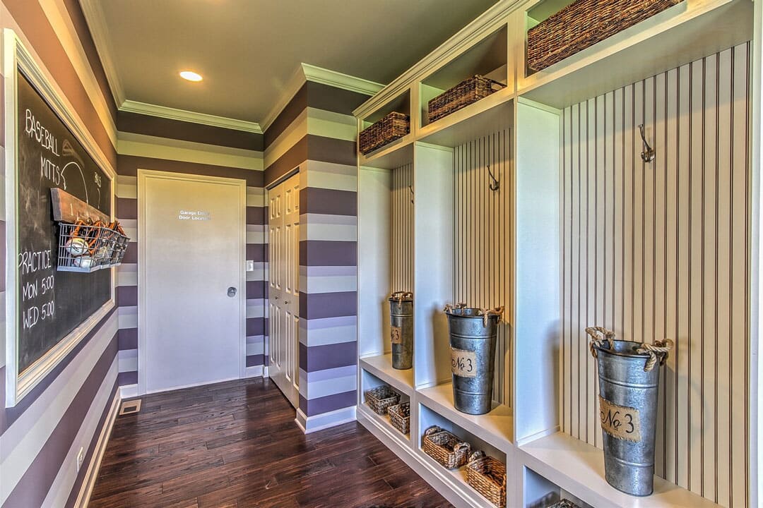Mud Room With Purple Striped Walls