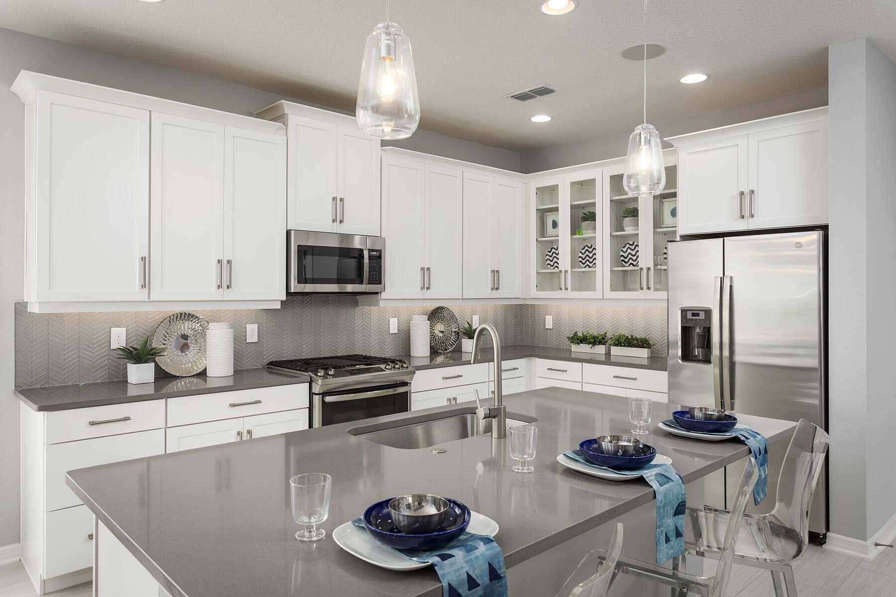 Kitchen Island With Blue Place Settings