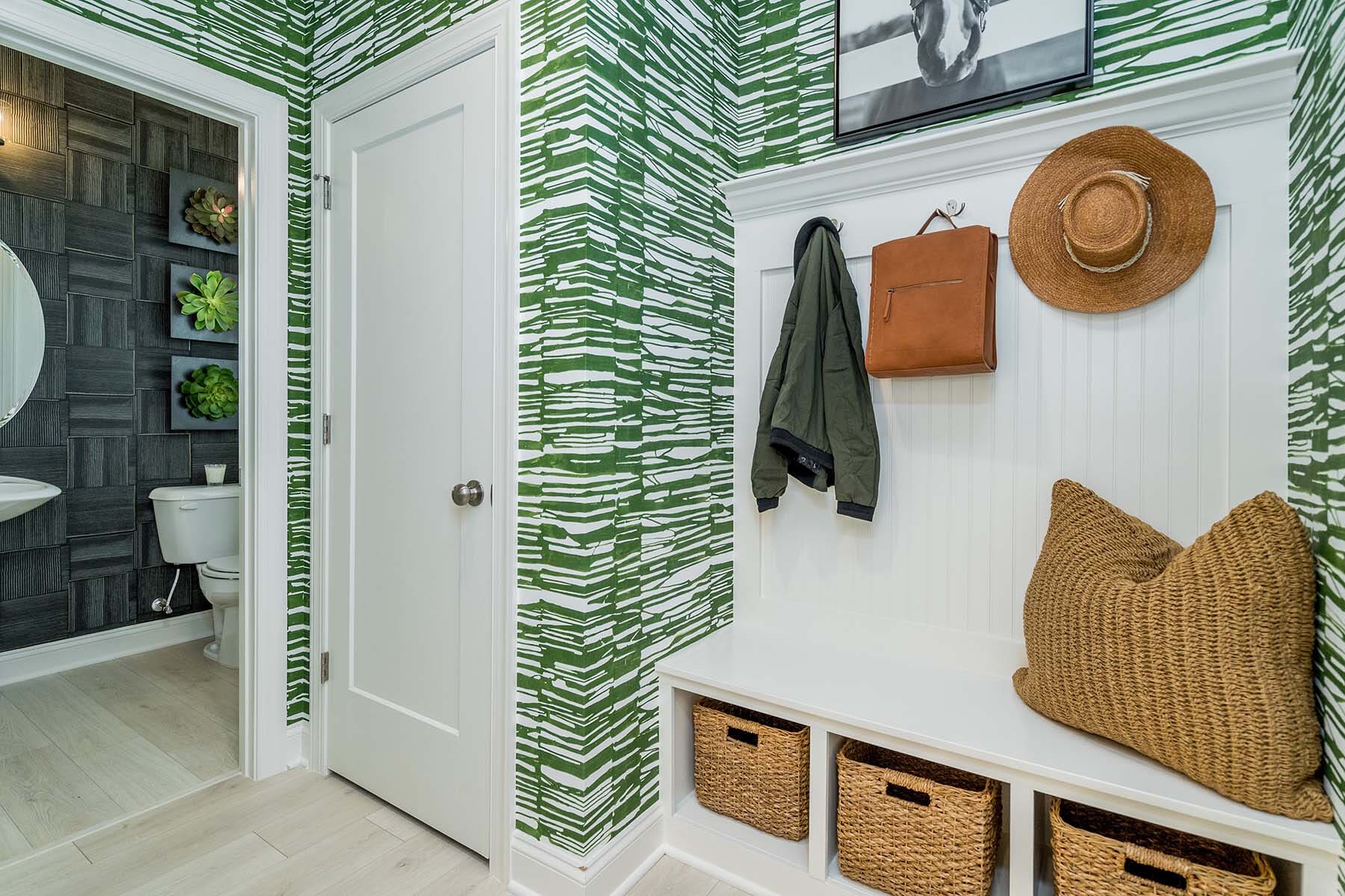 Green Geometric Wallpaper in Mud Room